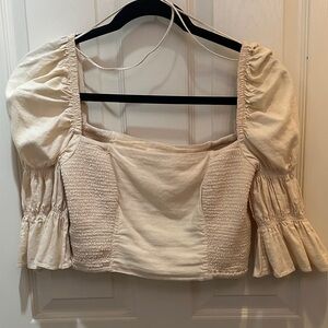 Urban Outfitters Cream Smocked Puff Sleeve Blouse